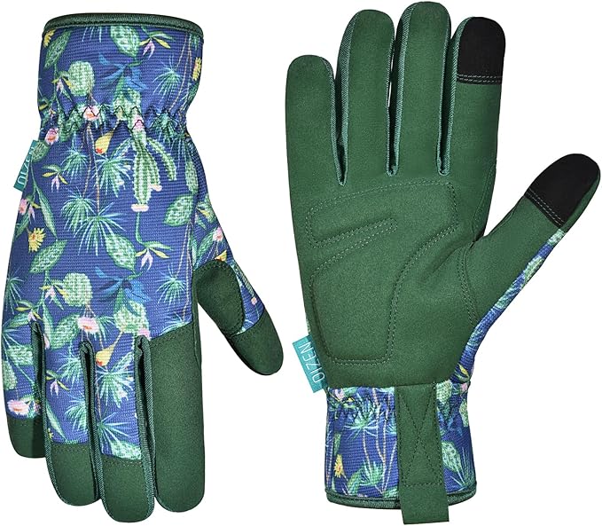 Gardening Gloves for Women and Men, Garden Gloves with Touch Screen, Thorn Proof Puncture Resistant Working Gloves, Gardening Gifts for Women,Blue-green flowers M
