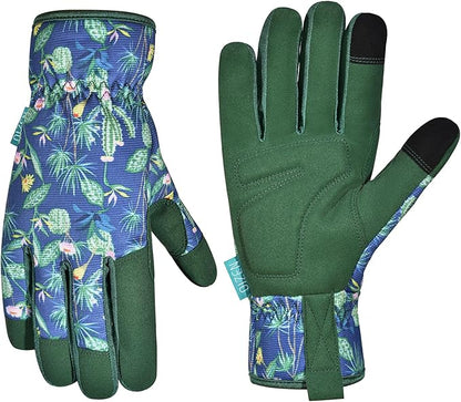 Gardening Gloves for Women and Men, Garden Gloves with Touch Screen, Thorn Proof Puncture Resistant Working Gloves, Gardening Gifts for Women,Blue-green flowers M