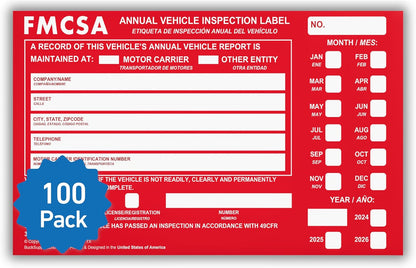 100 Pack Buck Aluminum Annual Vehicle Inspection Label with Punch Boxes, 2 Mil Red FMCSA Self Adhesive Sticker, DOT Compliant, Weatherproof, Tear Resistant, Easy to Write On, 6" x 3.5" - Made in USA