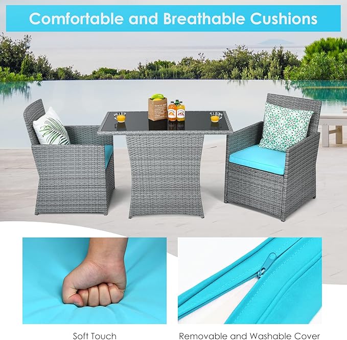 HAPPYGRILL 3-Pieces Outdoor Wicker Bistro Set Space-Saving PE Rattan Dining Table Set with Cushioned Chairs, Patio Conversation Set for Backyard Porch Garden and Poolside