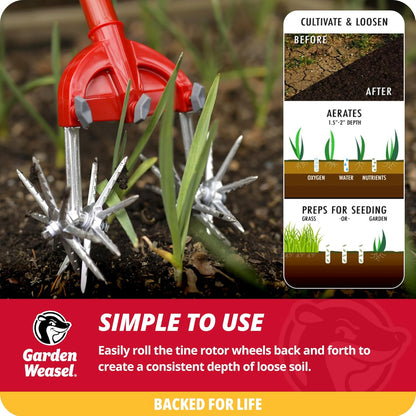 Garden Weasel Rotary Cultivator & Hand Tiller - 2-in-1 | Aerate, Weed, Cultivate, Plant, Reseed | Lawn Reseeding Garden Tool, Garden Soil Loosener | 91206