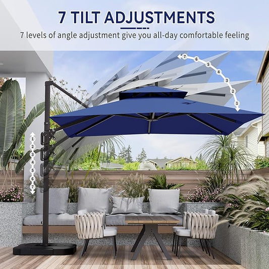 10' X 10' Cantilever Patio Umbrella Outdoor Heavy Duty Double Top Windproof Square Offset Umbrellas with 360-degree Rotation for Pool Deck Backyard, Navy
