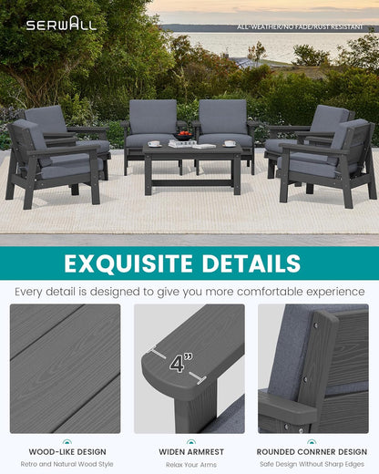 SERWALL HDPE Outdoor Furniture Set, 7 Piece All Weather Wood-Like Outdoor Sofa Sectional Couch, Grey Patio Furniture Set with Grey Cushions