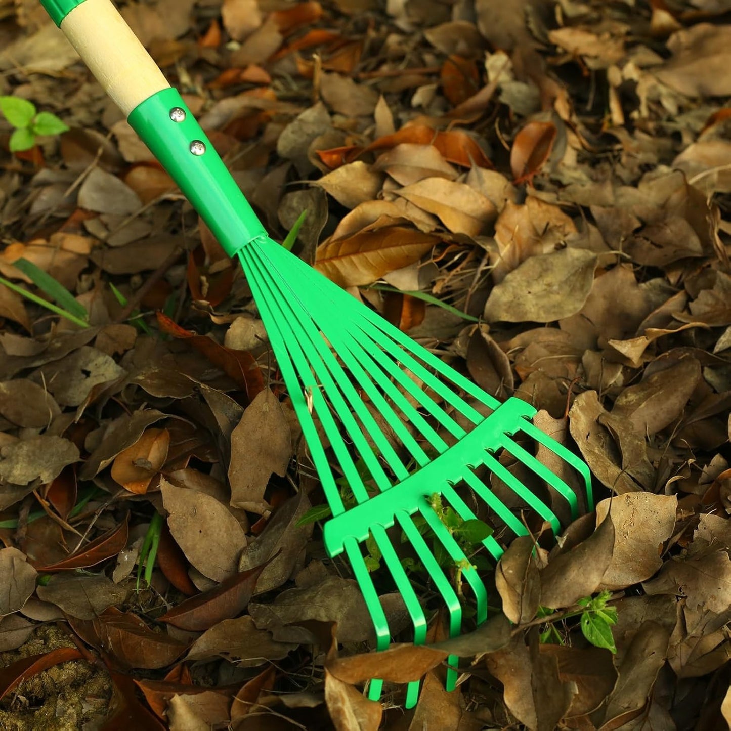 Kids Rakes with Hardwood Handle - Metal Kids Leaves Rakes, 28" Child Size Lawn Rakes with Vibrant Green Heads, Garden Tool Set for Kids Boys and Girls