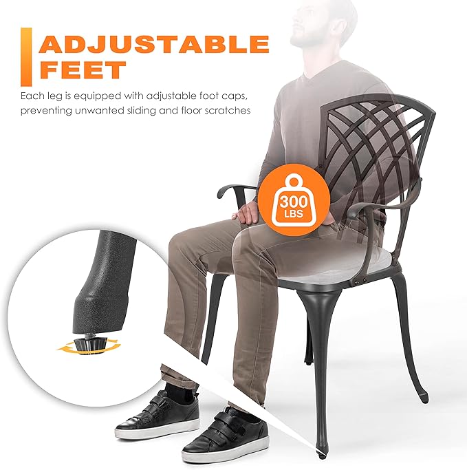 NUU GARDEN Bistro Set 3 Piece Outdoor All Weather Cast Aluminum Patio Bistro Set Patio Table and Chairs Set of 2 with Umbrella Hole and Grey Cushions for Backyard, Balcony, Lawn, Black