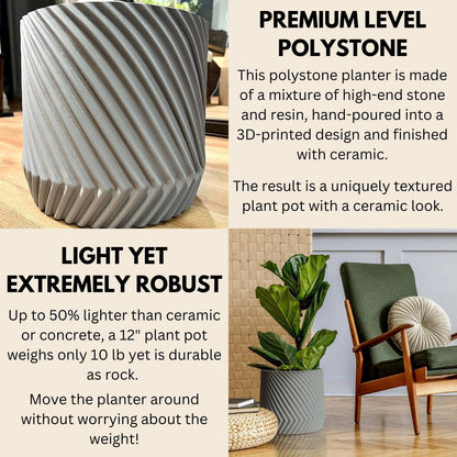 Fox & Fern Large 12 Inch Planter — Premium Polystone Gray Plant Pot with 3D Texture and Drainage Plug; 12 Inch Pots for Plants Indoor; Large Planter for Indoor & Outdoor Plants