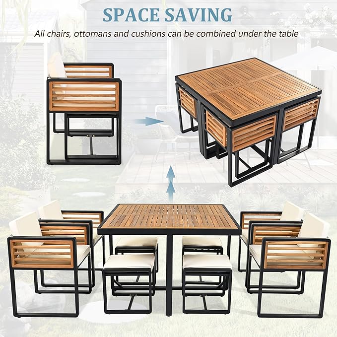 Merax 18 Pieces Outdoor Dining Set for 16 People, Acacia Wood Patio Furniture Sets with 2 Square Tables, 8 Cushioned Chairs and 8 Ottomans for Backyard, Garden, Lawn, Poolside, Beige