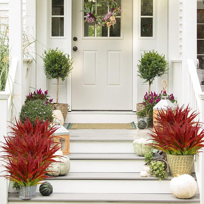 32Pcs Artificial Grass Fake Plants 17.3in Outdoor Plants UV Resistant Greenery Stems Fake Grass for Home Window Garden Office Patio Pathway Front Porch Décor Light Green & Red