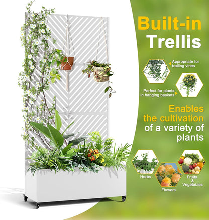 FENCY Metal Raised Garden Bed with Wheels and Trellis,73"x35"x16" Planter Box for Climbing Plants, Vegetables & Vines, Features Privacy Screen and Drainage Holes (White-Arrow)