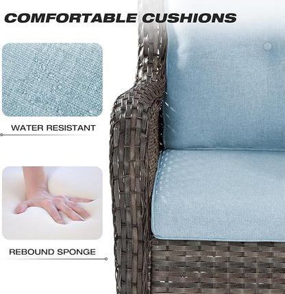 Joyside Outdoor Swivel Rocker Patio Chairs Set of 2 and Matching Side Table - 3 Piece Wicker Patio Bistro Set with Premium & Soft Fabric Cushions(Mixed Grey/Aqua)