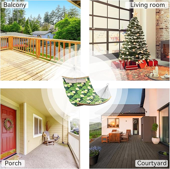 Double Hammock, 11 FT Quilted Fabric 2 Person Hammock for Outside with Pillow, Folding Curved Spreader Bar, Chains, Carrying Bag, Indoor Outdoor, 450 IB Capacity, GreenLeaves