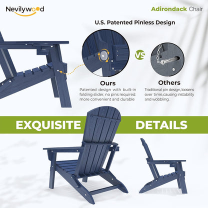 Folding Adirondack Chair - Extended Ergonomic Backrest, Cup Holder - Easy Assembly - Durable HDPE Plastic, Weather Resistant & Maintenance-Free - Lawn, Patio, Deck Supports 380lbs NavyBlue