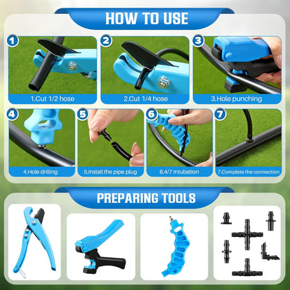 Feekoon Drip Irrigation Punch Hole Tubing Cutter Tools with Barbed Connectors, 2-in-One Drip Tubing Hole Punch for 1/4 Inch Fitting 16 20 25 mm PE Pipe and Emitter(345 Irrigation Plugs)