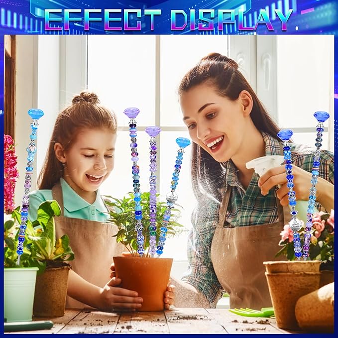 DIY Fairy Wand Garden Beads Stakes Wands Kit,Multiple Color Scheme European Beads Crystal Diamond Tops and 12 or 10 Inch Threaded Rods,Stainless Steel Stakes with Diamond Toppe(Purple+Aqua+Sapphire)