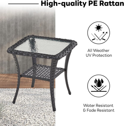 Handwoven Wicker Side Table - 20 Inch Small Outdoor Table 2 Tier Storage with Tempered Glass Top, All Weather Outdoor Patio End Tables for Deck Balcony Outside Black