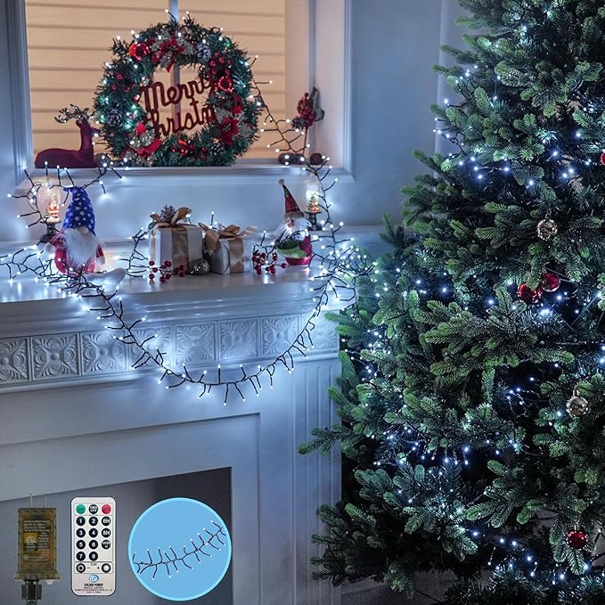 100FT 2000 LED Cluster Christmas Lights, Christmas Tree Lights Outdoor Indoor with 8 Modes & Timer & Remote, Firecrackers String Lights Waterproof for Garland Party Xmas Decorations, Cool White