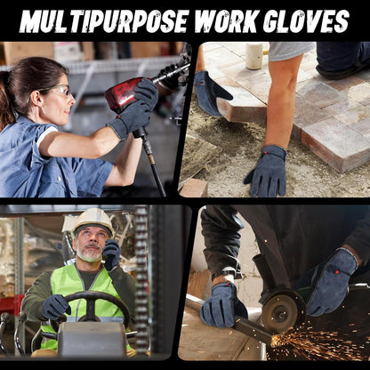 HLDD HANDLANDY Leather Work Gloves for Men & Women, Adjustable Wrist Cowhide Gardening Glove with Reinforced Palm for Driver