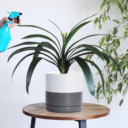 D'vine Dev Set of 2 Plants Pots, 8.2 Inch Ceramic Planter Pot for Plants with Drainage Hole and Saucer, White/Speckled Grey, 94-V-D-6