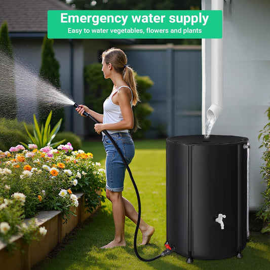 132 Gallon / 500L Collapsible Rain Barrel, Foldable PVC Water Barrels to Collect Rainwater from Gutter, Portable Water Collection System with Hose Spigot, Garden Water Catcher Collector Black