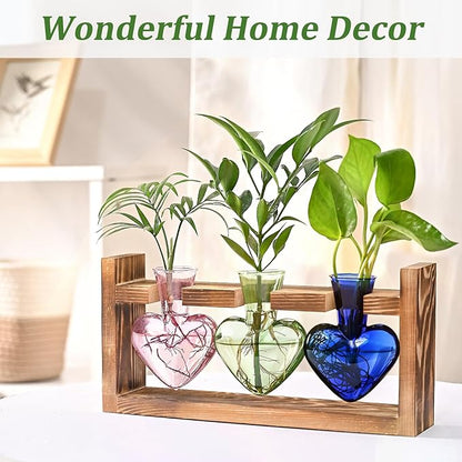 Lifecapido Heart Shaped Propagation Stations, Plant Terrarium with Wooden Stand, Plant Propagation Station for Hydroponics Office Garden Home Decor, Gifts for Women Plant Lover (3 Vases, Multicolor)