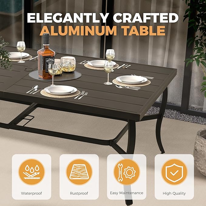 HAPPATIO Aluminum 9 Piece Patio Dining Set, Outdoor Swivel Dining Chairs and Dining Table, Aluminum Outdoor Dining Set for 8, Patio Dining Furniture with Washable Cushions (Black)