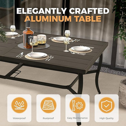 HAPPATIO Aluminum 9 Piece Patio Dining Set, Outdoor Swivel Dining Chairs and Dining Table, Aluminum Outdoor Dining Set for 8, Patio Dining Furniture with Washable Cushions (Black)