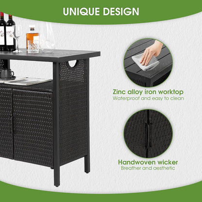 HOMEFUN Outdoor Bar Table Featuring Storage Cabinet: Wheeled Patio Serving Carts, Wicker Grill Cart Prep Station & Rolling Kitchen Island for Patio, Backyard and Outside Use, in Black