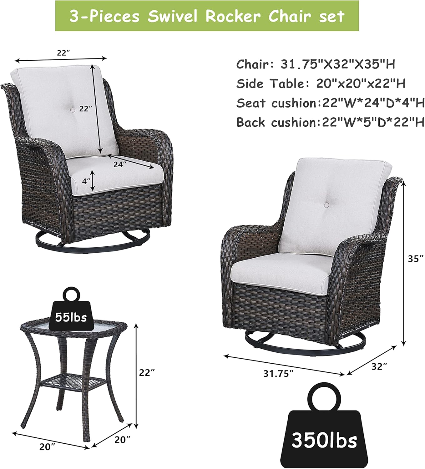 Outdoor Patio Swivel Rocker Chairs - 3 Piece Patio Bistro Set,Wicker Patio Furniture Set with 2 Swivel Rocking Chairs and 1 Glass Top Side Table for Deck Porch Garden,Brown/Beige