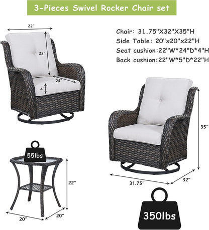 Outdoor Patio Swivel Rocker Chairs - 3 Piece Patio Bistro Set,Wicker Patio Furniture Set with 2 Swivel Rocking Chairs and 1 Glass Top Side Table for Deck Porch Garden,Brown/Beige