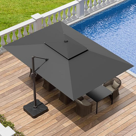 9x12 FT Patio Umbrella with base, Large Cantilever Rectangular Double Top Heavy Duty Offset Umbrellas with 360° Rotation, Outdoor shade for Garden Deck Pool, Gray