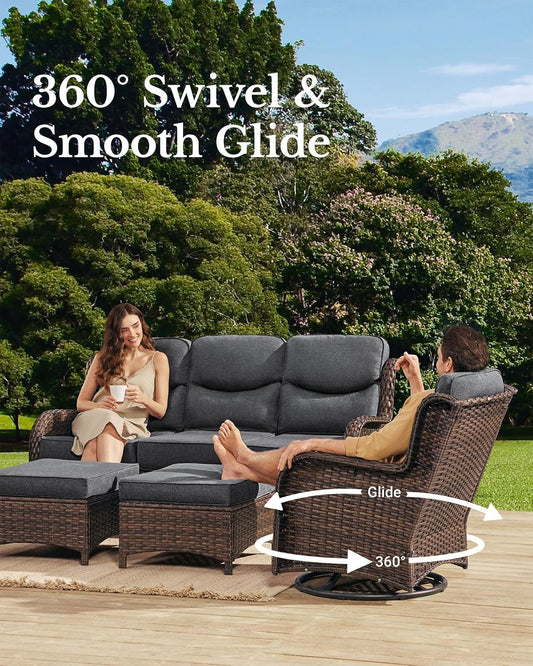 HILLGA Luxury Patio Furniture Set with 6-inch Thick Cushion, Outdoor Couch and High Back Swivel Rocker Patio Chairs, 8PCS Wicker Conversation Set for Deck Yard and Poolside, Dark Grey (V2)