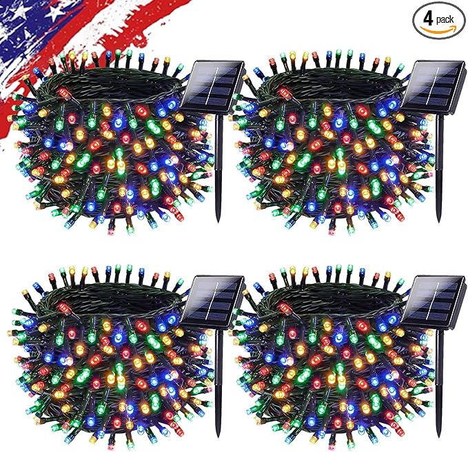 Upgrade 4Pack 400LED Solar String Lights for Outside, 132FT Solar Christmas String Lights Outdoor with 8 Modes, IP65 Waterproof Outdoor Twinkle Light, Garden Xmas Tree Christmas Decoration, Multicolor