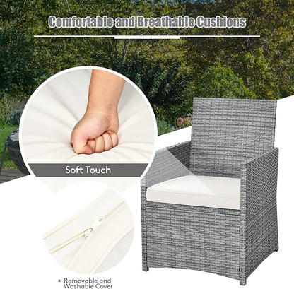 Tangkula 3 Pieces Patio Dining Set, Patiojoy Space-Saving PE Rattan Bistro Set with Tempered Glass Top Table and Cushioned Chairs, Outdoor Conversation Set for Garden, Backyard, Poolside, Porch