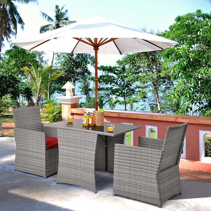 HAPPYGRILL 3 Piece Outdoor Wicker Bistro Set Space-Saving PE Rattan Dining Table Set with Cushioned Chairs, Patio Conversation Set for Backyard Porch Garden and Poolside