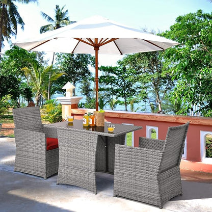 HAPPYGRILL 3 Piece Outdoor Wicker Bistro Set Space-Saving PE Rattan Dining Table Set with Cushioned Chairs, Patio Conversation Set for Backyard Porch Garden and Poolside