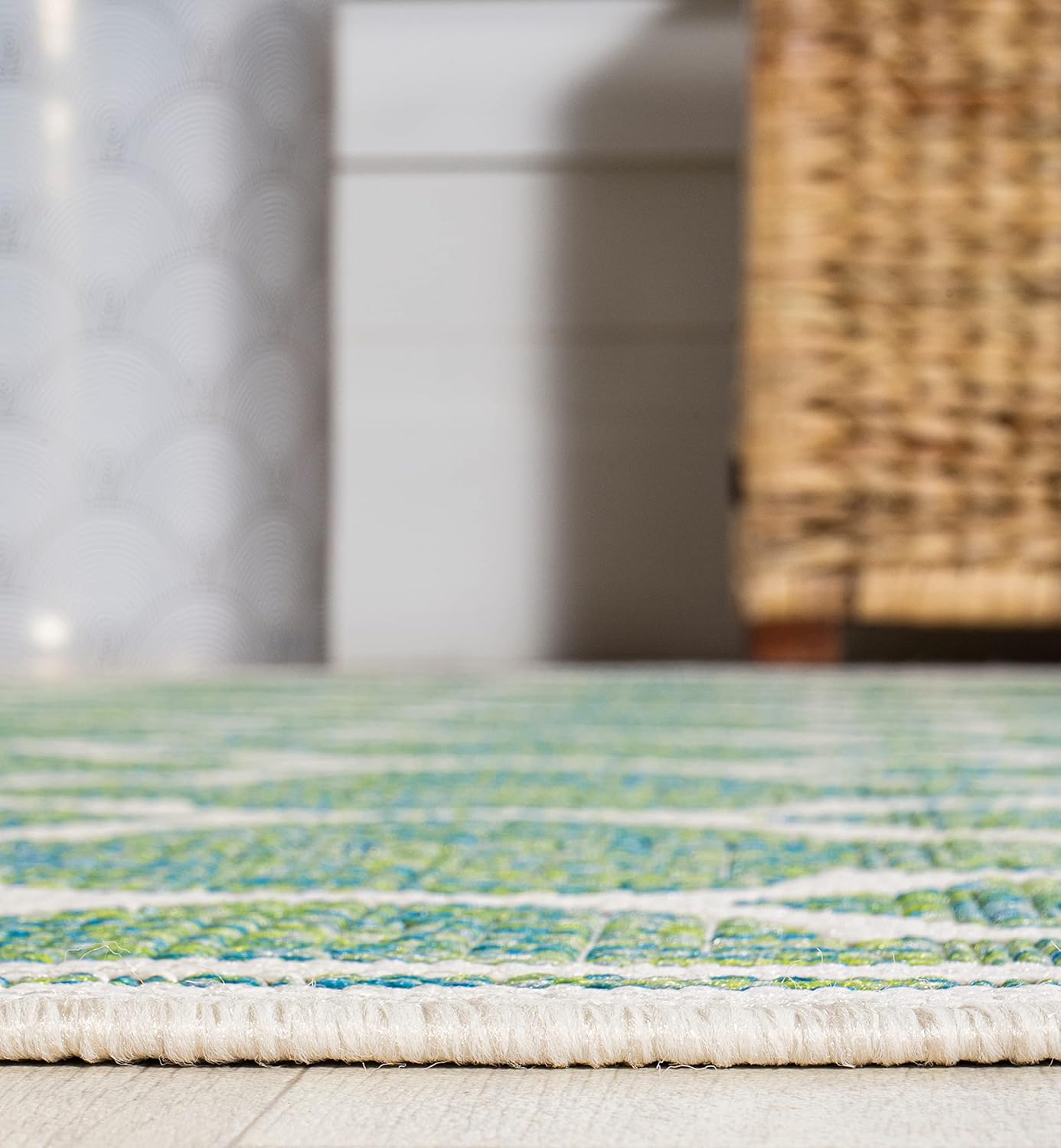Eyely BMS109I-5R Santa Monica Trebol Moroccan Trellis Textured Weave Indoor/Outdoor Area Rug Coastal;Bohemian, Bedroom, Backyard, Patio, Easy-Cleaning, Non-Shedding, 5' Round, Cream/Green