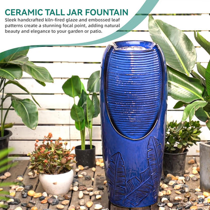 33" Tall Outdoor Garden Fountain with LED Lights, Modern Ceramic Jar Water Fountain, 3D Tropical Leaf Pattern, Cobalt Blue Glaze, Soothing Cascading Waterfall for Relaxing Patio, Yard, Porch