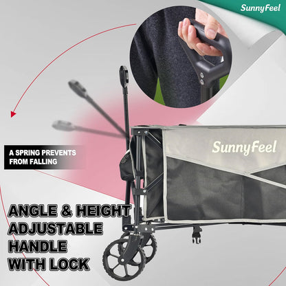 SunnyFeel Heavy Duty Collapsible Outdoor Utility Wagon Cart 400LB Capacity Adjustable Handlebar,Foldable Beach Wheels Stable Durable Oxford Fabric for Shopping Garden Camping (Black & Grey)