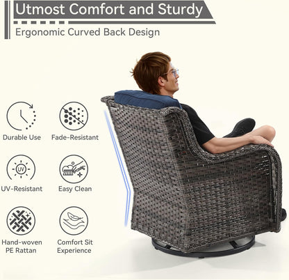 2 Pieces Outdoor Swivel Rocker Patio Chairs Set - Outdoor Wicker Patio Conversation Sets with 1 Side Table, Olefin Fabric Cushions Suitable for Backyard Deck and Porch, Blue