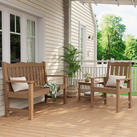 Stoog All-Weather Garden Bench & Chairs Set, 3-Piece Patio Furniture Set, Include 2 Outdoor Chairs and 1 Outdoor Bench, Teak