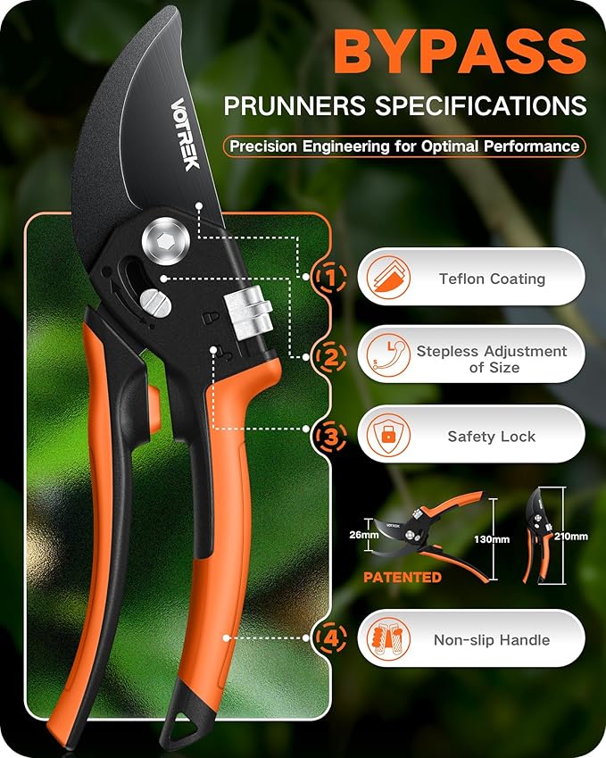 8.5" Pruning Shears for Gardening, 【Unique Stepless Handle Opening】Professional Bypass Garden Clipper, Heavy Duty Plant Pruners for Branch 【SK5 Steel Blades】【Built-in Spring】【All Hand Sizes】