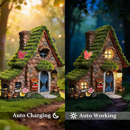 ASAWASA Resin Fairy House Statues with Solar Powered Lights, Funny Garden Sculptures with Flocked and Cobblestone Decor, Exquisite Garden Cottage Figurines