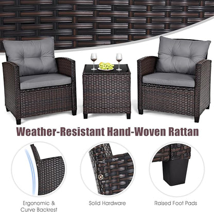 KOTEK 3 Piece Patio Furniture Set, Outdoor Conversation Set with Washable Cushions & Tempered Glass Tabletop, PE Rattan Wicker Bistro Set for Porch, Garden, Balcony (Grey)