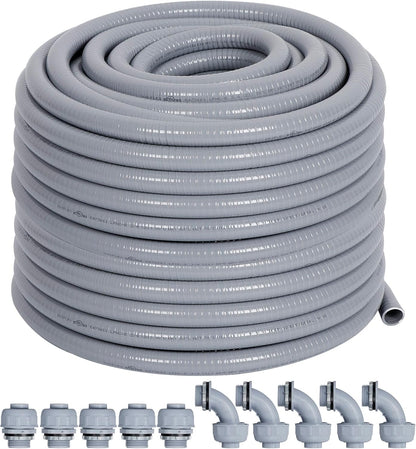 1/2" Liquid-Tight PVC Conduit Kit, 100ft with 10 Connectors, Grey, 5 Straight & 5 90-Degree Fittings, UL Certified, Flexible, Easy Installation, Multi-Application