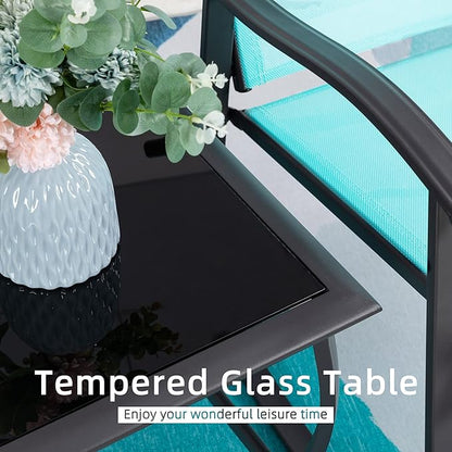 Vongrasig 3 Piece Outdoor Rocking Bistro Set, Textilene Fabric Small Patio Furniture Set, Front Porch Rocker Chairs Conversation Set with Glass Table for Lawn, Garden, Balcony, Poolside (Blue)