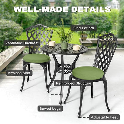 NUU GARDEN 3-Piece Outdoor Patio Bistro Set, Cast Aluminum Table and 2 Chairs with Green Cushions and Umbrella Hole, Weather-Resistant Bistro Set for Balcony, Porch, Garden, Black