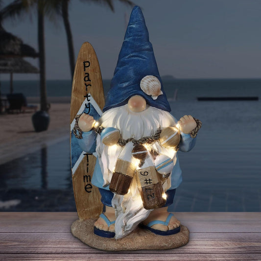 Exhart Garden Gnome, Solar Surfer Party Time Garden Sculpture with Surfboard Sign, LED Lights, Outdoor Lawn and Yard Decoration, 7 x 6 x 12.5 Inch