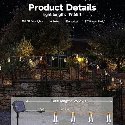 Solar Outdoor String Lights, 2 Pack 20Ft Vintage Rope Hemp Solar Patio Lights, Waterproof Warm White Solar Powered String Lights With 8 Modes 16 Shatterproof Bulbs for Fence Stairs Balcony Café Bistro