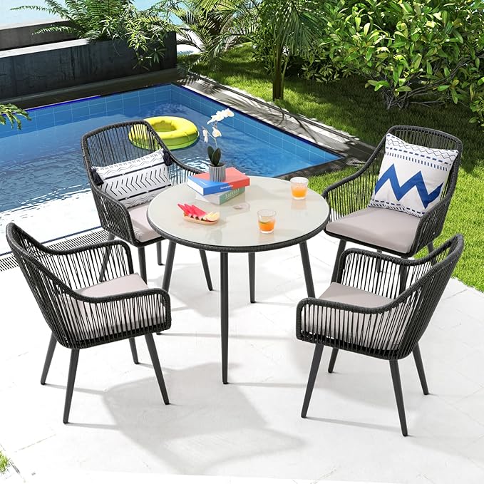 Patiorama 5-Piece Patio Dining Set, Outdoor Dining Table Chair Set, All-Weather Twisted Rattan Wicker Rope Conversation Set, Patio Furniture Set w/Umbrella Hole, 4 Cushioned Chairs&Glass Table(Black)