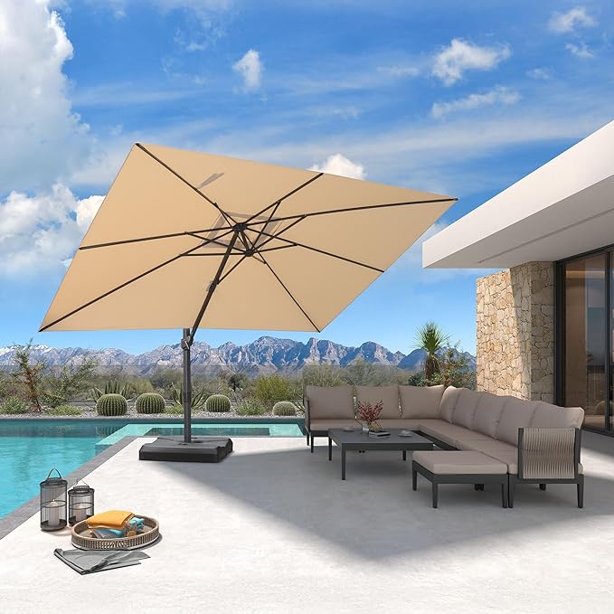 PURPLE LEAF 9' X 11.5' Patio Cantilever Umbrella Outdoor Rectangle Adjustable Offset Umbrellas with 360-degree Rotation and 8 Heavy Duty Metal Ribs for Garden Deck Pool Beige